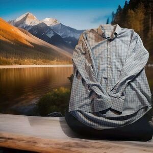 Peter Millar Blue White Cotton Spandex Plaid Knit Button-Down Shirt Size XL 1006